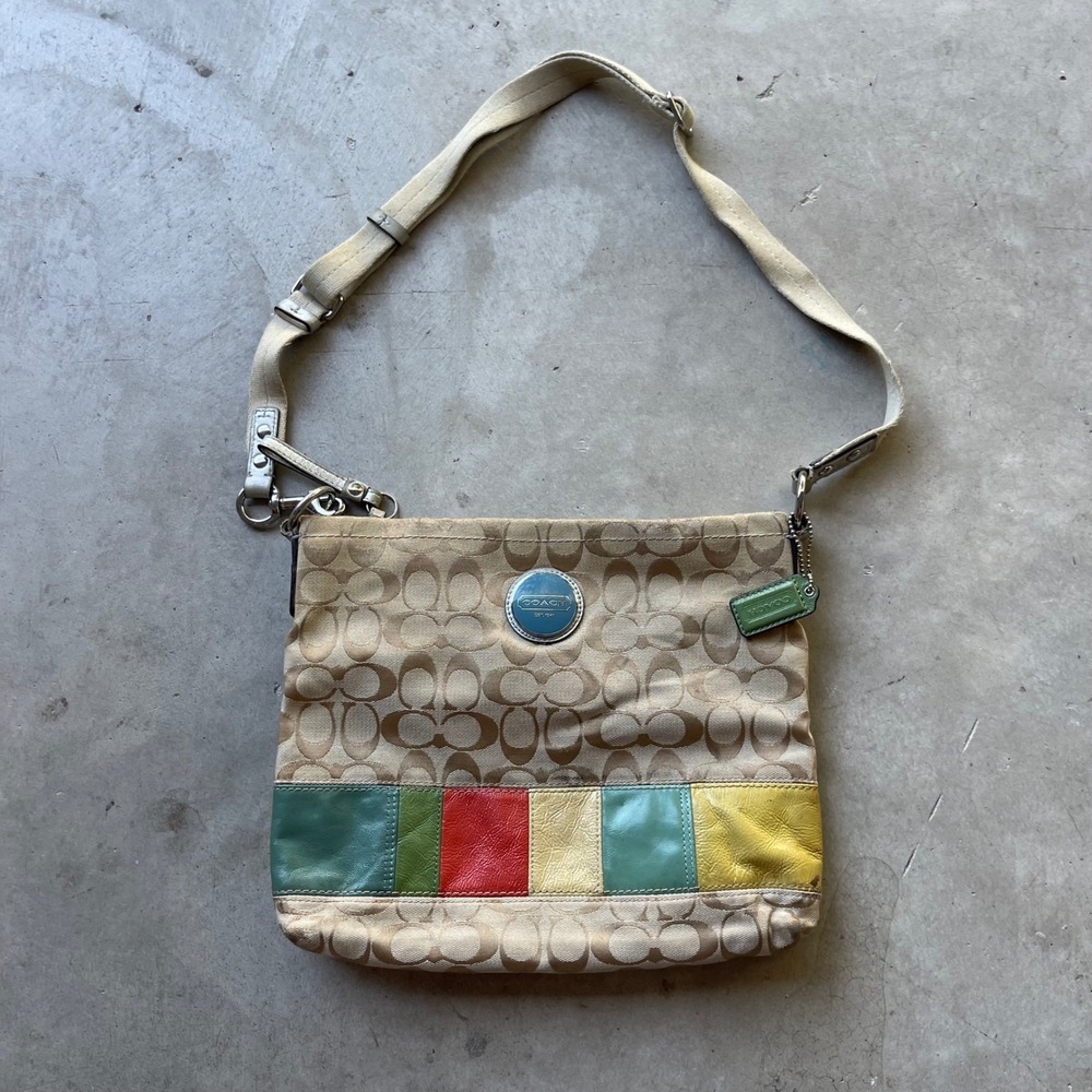 Coach Signature Monogram Multi-Color Patchwork Crossbody Bag 11176 Tan Silver - Picture 1 of 7
